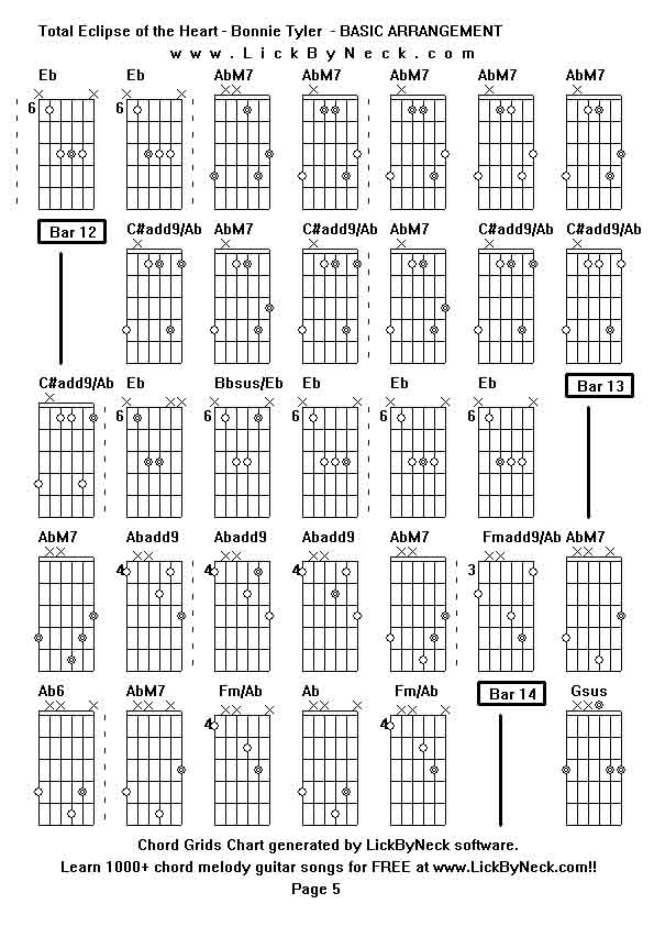 Chord Grids Chart of chord melody fingerstyle guitar song-Total Eclipse of the Heart - Bonnie Tyler  - BASIC ARRANGEMENT,generated by LickByNeck software.